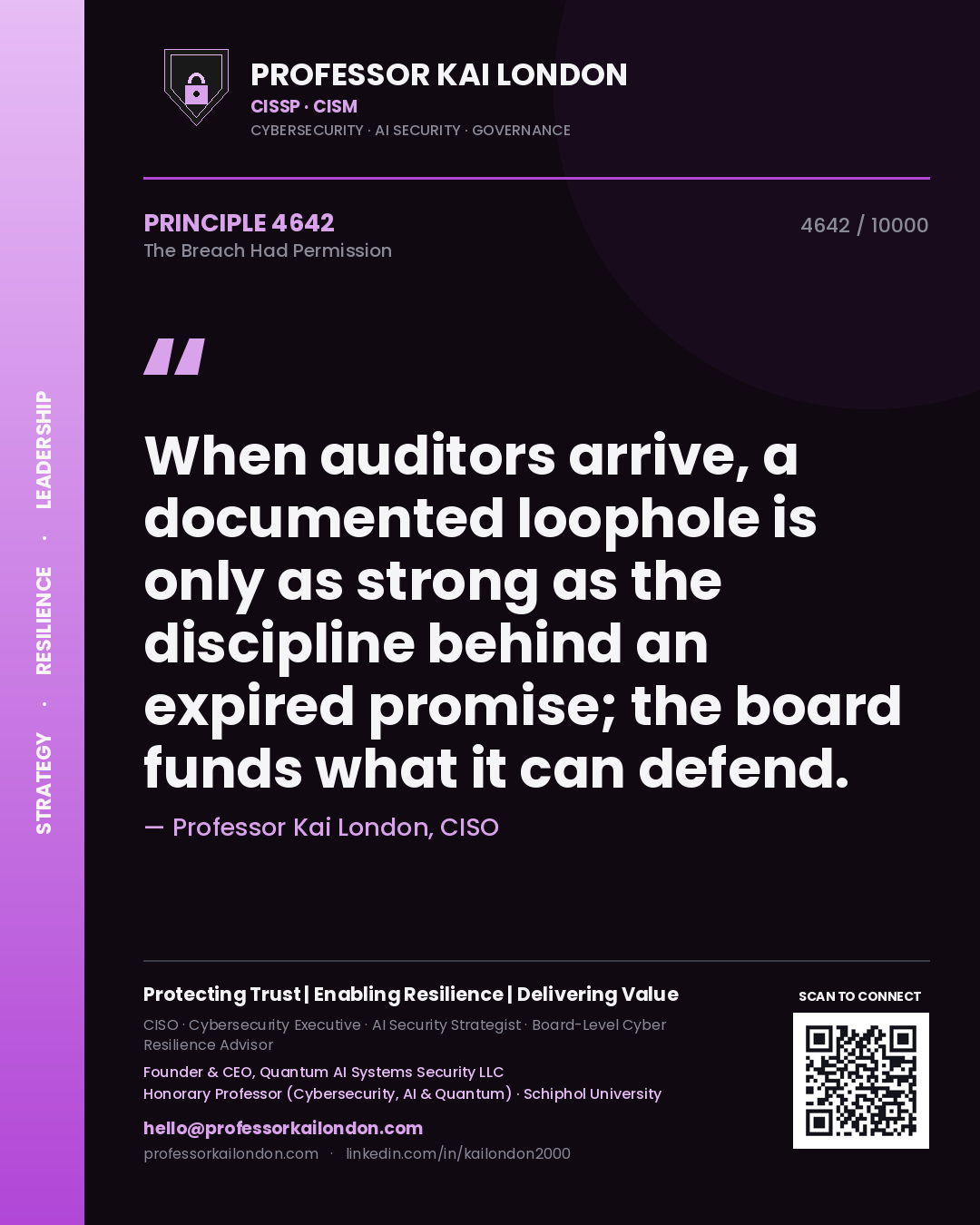 Quote card by Professor Kai London reading 'When auditors arrive, a documented loophole is only as strong as the discipline behind an expired promise; the board funds what it can defend.'. From the book The Breach Had Permission.
