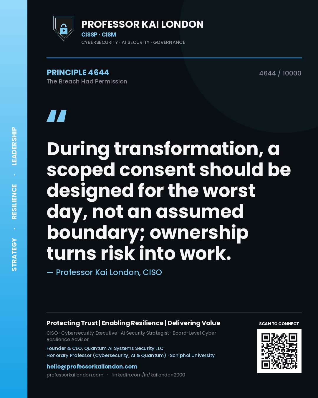 Quote card by Professor Kai London reading 'During transformation, a scoped consent should be designed for the worst day, not an assumed boundary; ownership turns risk into work.'. From the book The Breach Had Permission.