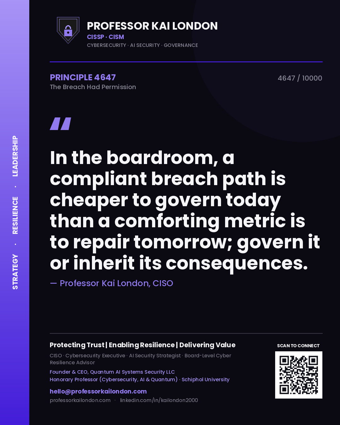 Professor Kai London principle 4647: In the boardroom, a compliant breach path is cheaper to govern today than a comforting metric is to repair tomorrow; govern it or inherit its consequences.