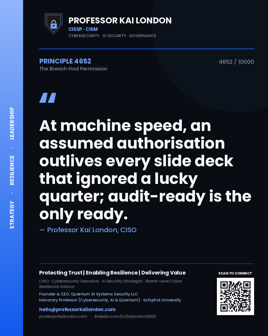 Quote card by Professor Kai London reading 'At machine speed, an assumed authorisation outlives every slide deck that ignored a lucky quarter; audit-ready is the only ready.'. From the book The Breach Had Permission.