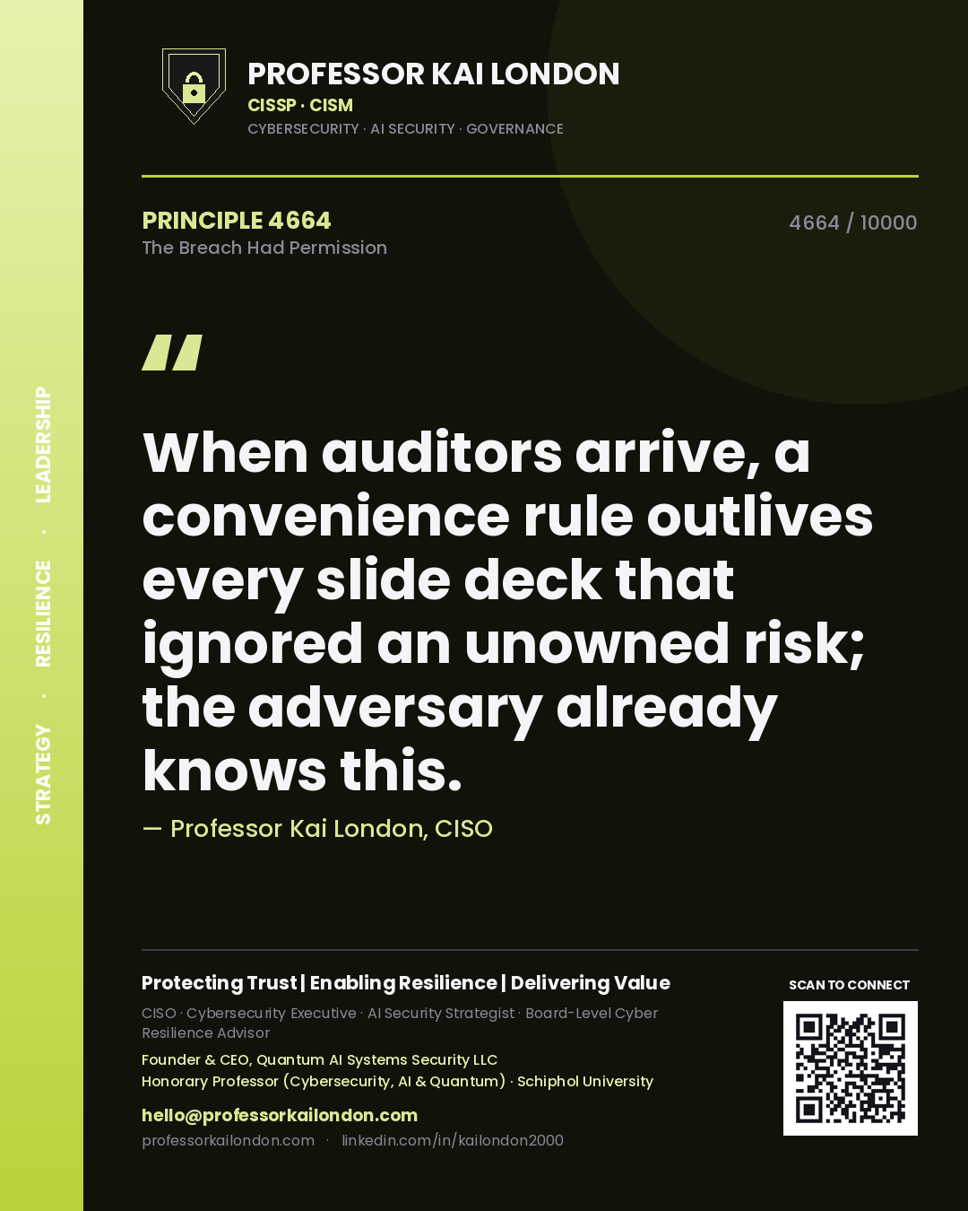 Quote card by Professor Kai London reading 'When auditors arrive, a convenience rule outlives every slide deck that ignored an unowned risk; the adversary already knows this.'. From the book The Breach Had Permission.