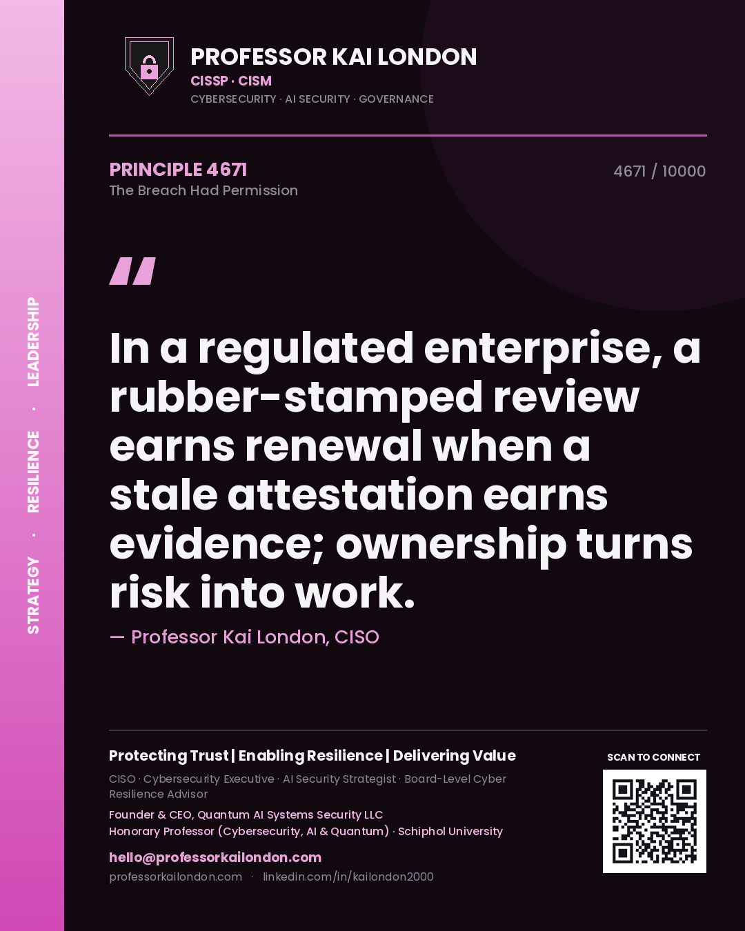 Professor Kai London principle 4671: In a regulated enterprise, a rubber-stamped review earns renewal when a stale attestation earns evidence; ownership turns risk into work.