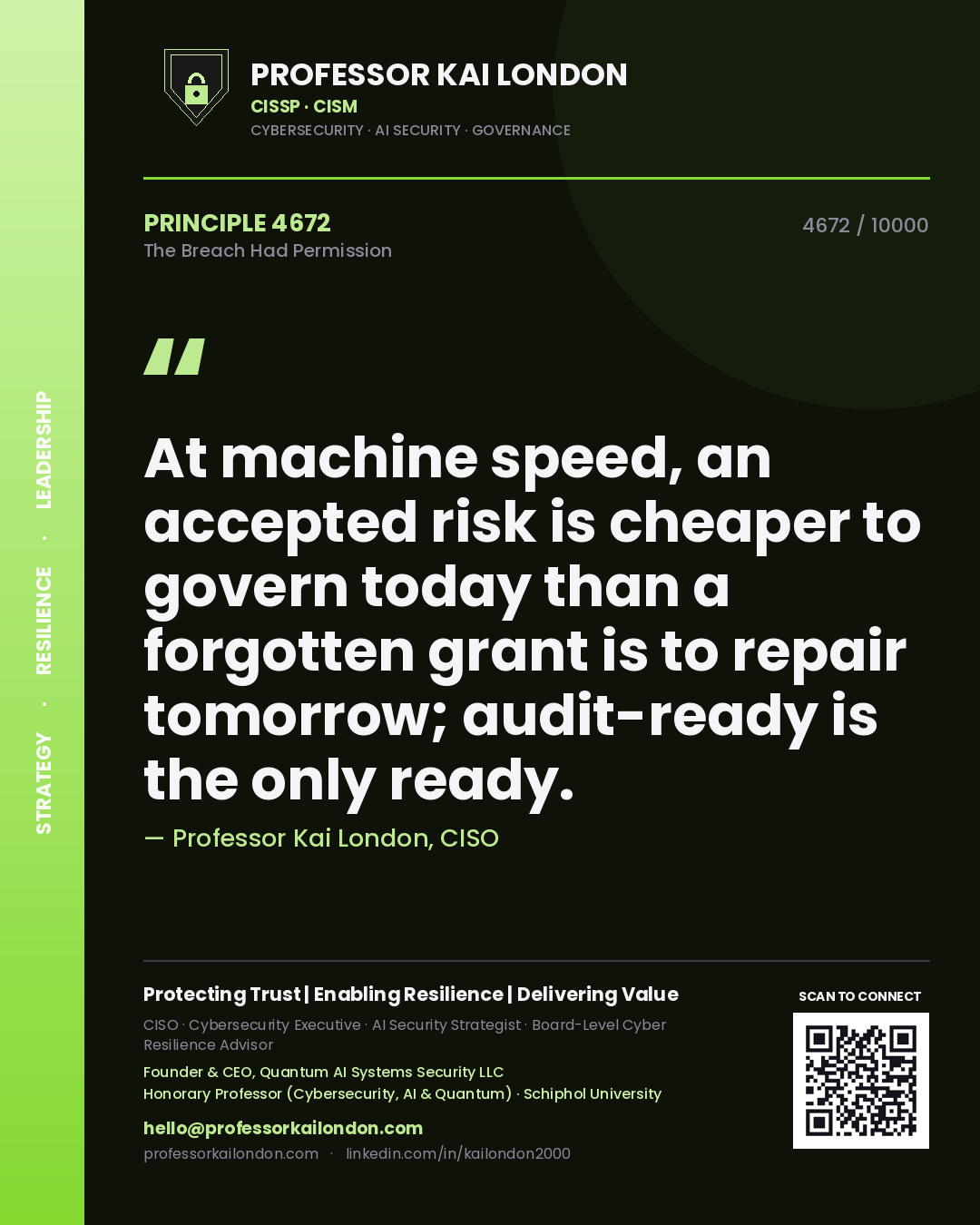 Professor Kai London principle 4672: At machine speed, an accepted risk is cheaper to govern today than a forgotten grant is to repair tomorrow; audit-ready is the only ready.