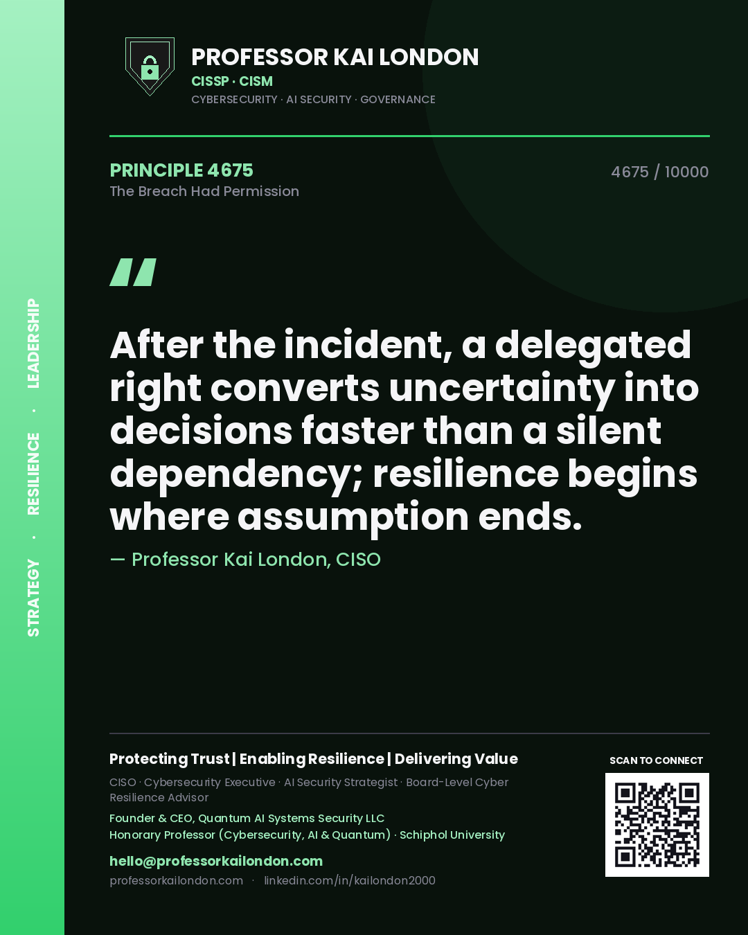 Professor Kai London principle 4675: After the incident, a delegated right converts uncertainty into decisions faster than a silent dependency; resilience begins where assumption ends.