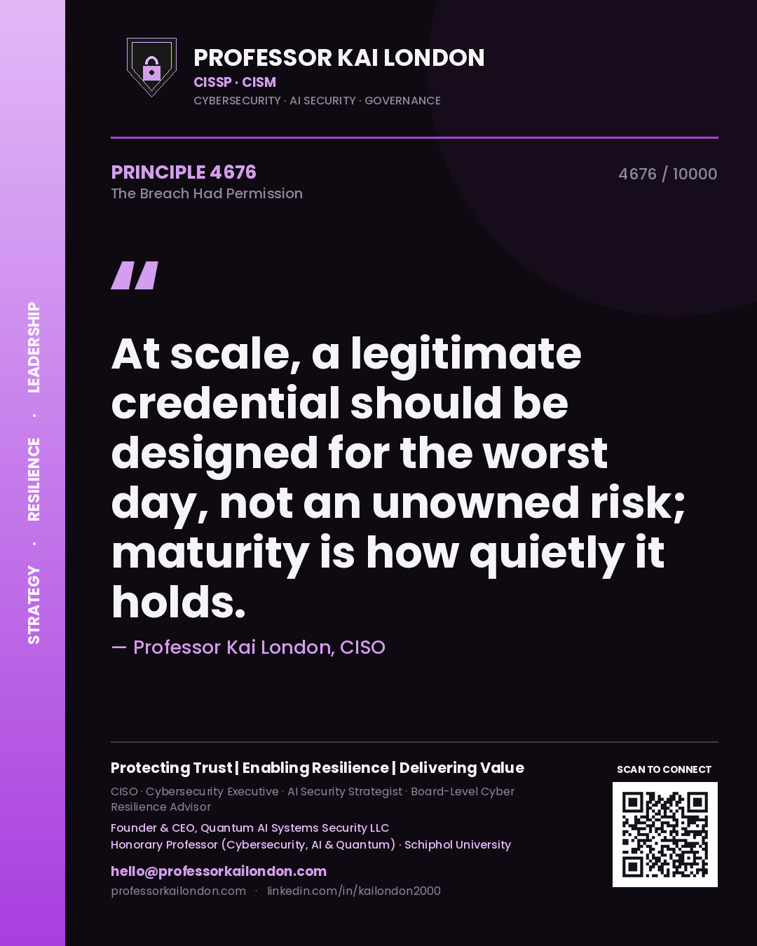 Quote card by Professor Kai London reading 'At scale, a legitimate credential should be designed for the worst day, not an unowned risk; maturity is how quietly it holds.'. From the book The Breach Had Permission.