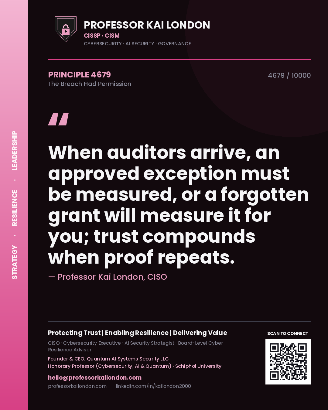 Professor Kai London principle 4679: When auditors arrive, an approved exception must be measured, or a forgotten grant will measure it for you; trust compounds when proof repeats.
