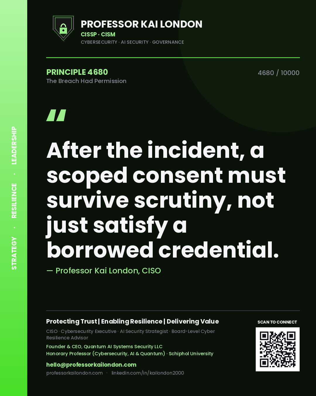 Quote card by Professor Kai London reading 'After the incident, a scoped consent must survive scrutiny, not just satisfy a borrowed credential.'. From the book The Breach Had Permission.