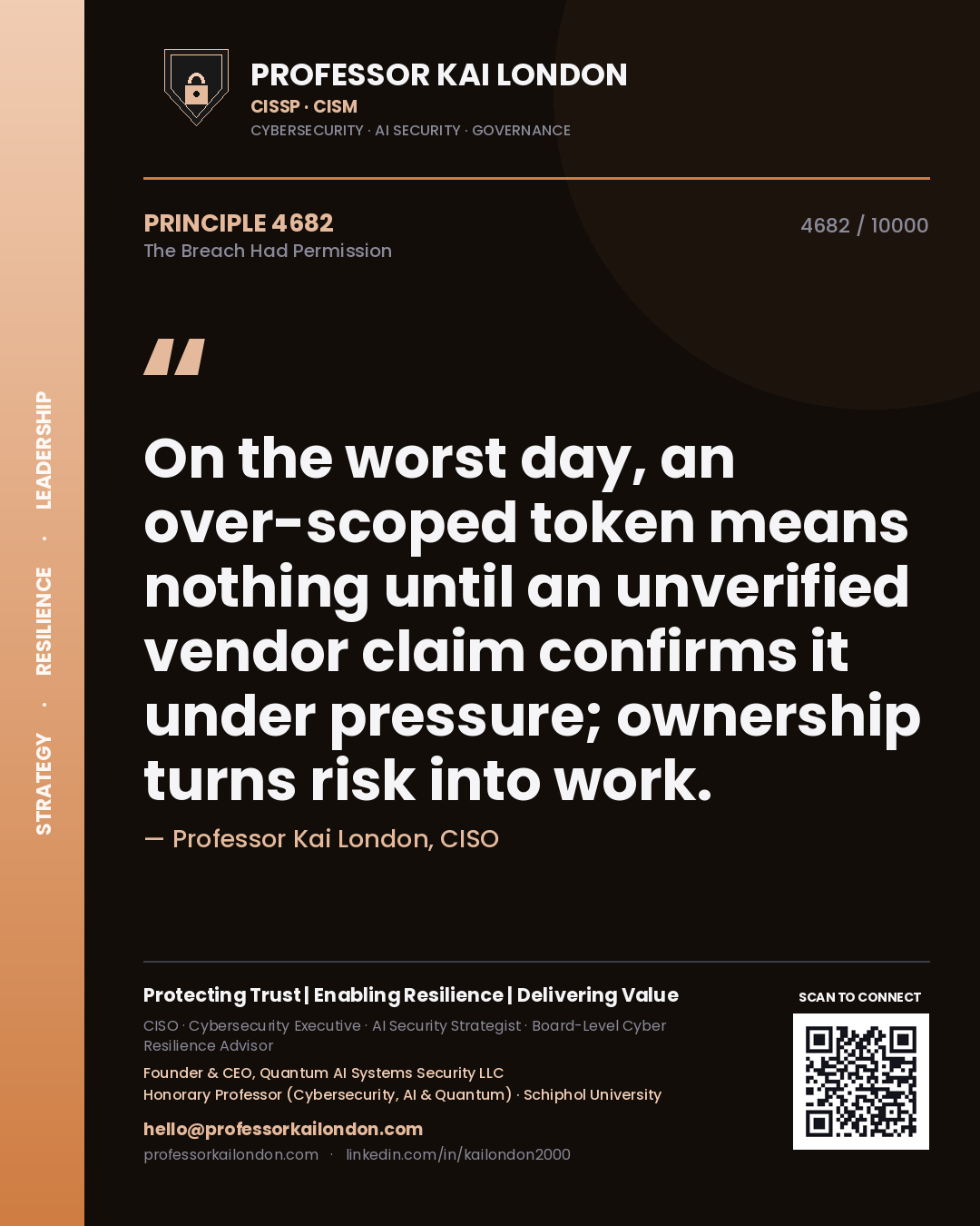 Quote card by Professor Kai London reading 'On the worst day, an over-scoped token means nothing until an unverified vendor claim confirms it under pressure; ownership turns risk into work.'. From the book The Breach Had Permission.