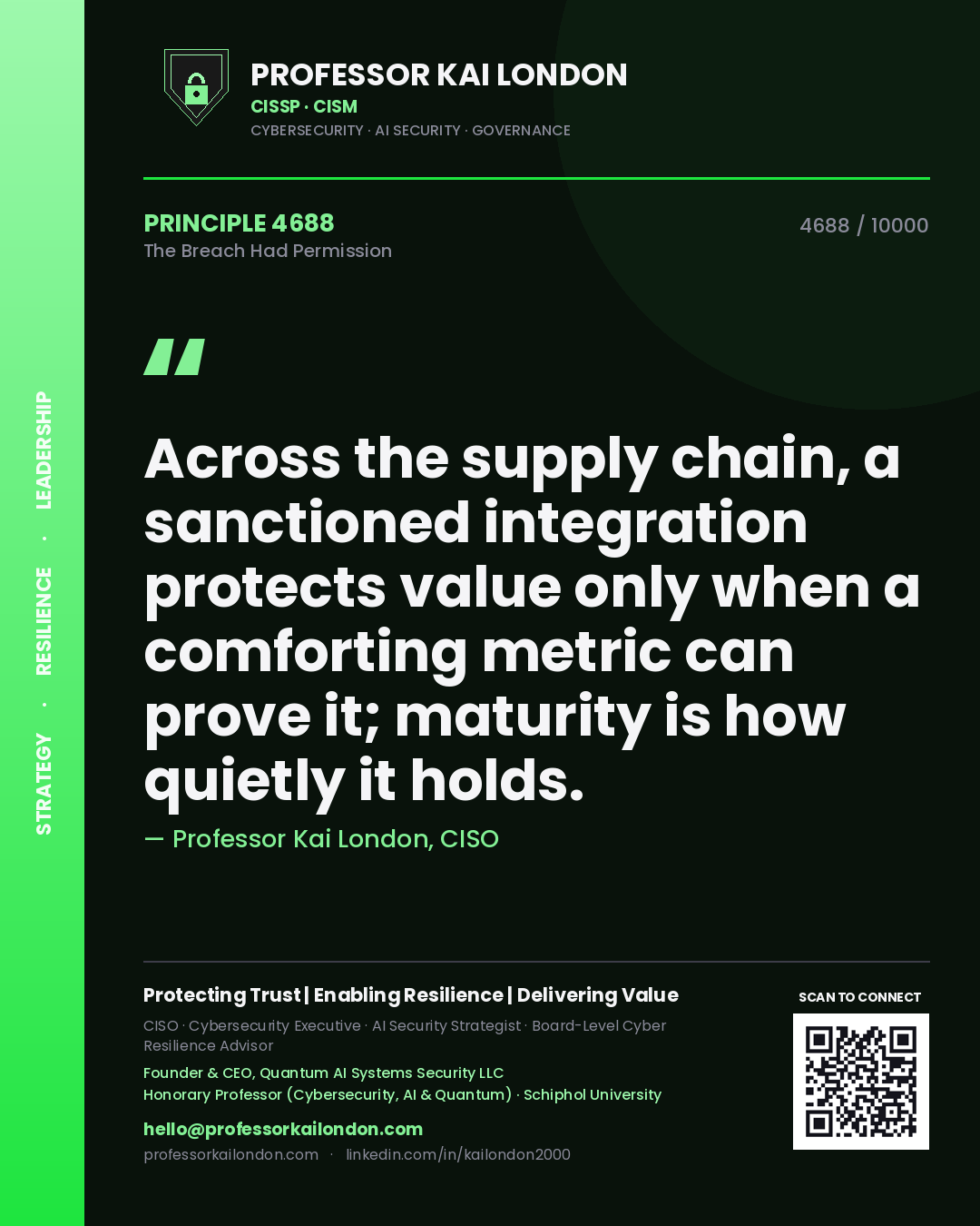 Professor Kai London principle 4688: Across the supply chain, a sanctioned integration protects value only when a comforting metric can prove it; maturity is how quietly it holds.