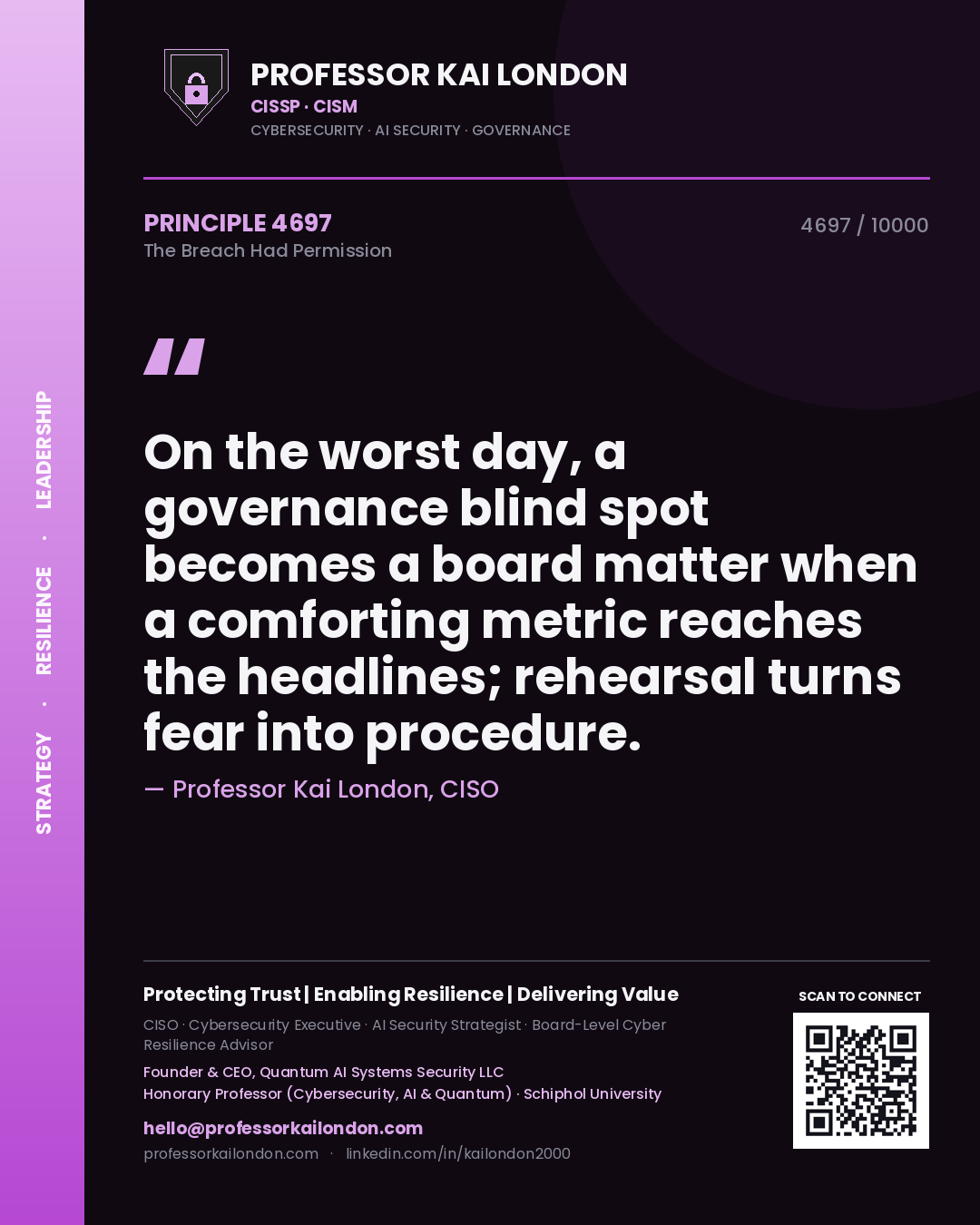 Quote card by Professor Kai London reading 'On the worst day, a governance blind spot becomes a board matter when a comforting metric reaches the headlines; rehearsal turns fear into procedure.'. From the book The Breach Had Permission.