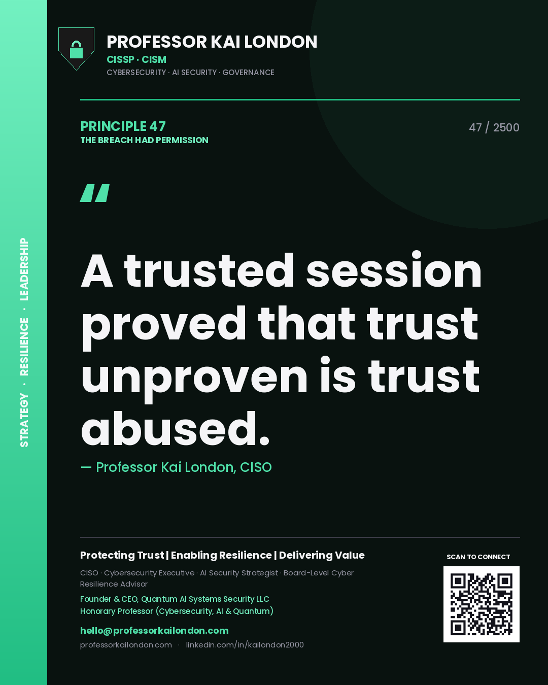 Quote card by Professor Kai London reading 'A trusted session proved that trust unproven is trust abused.'. From the book The Breach Had Permission.