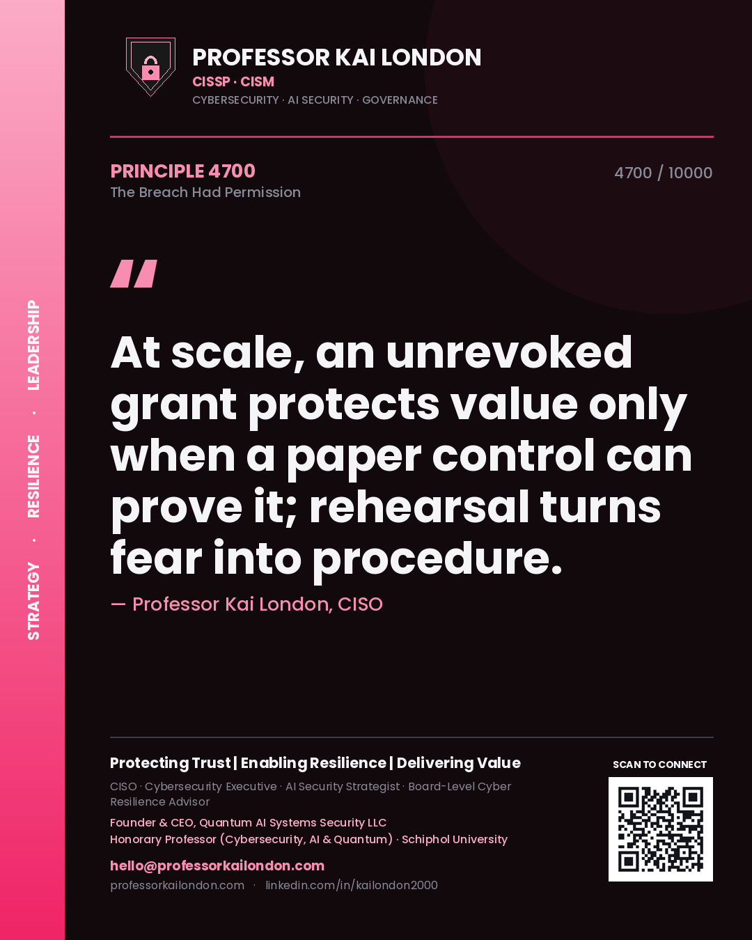 Professor Kai London principle 4700: At scale, an unrevoked grant protects value only when a paper control can prove it; rehearsal turns fear into procedure.