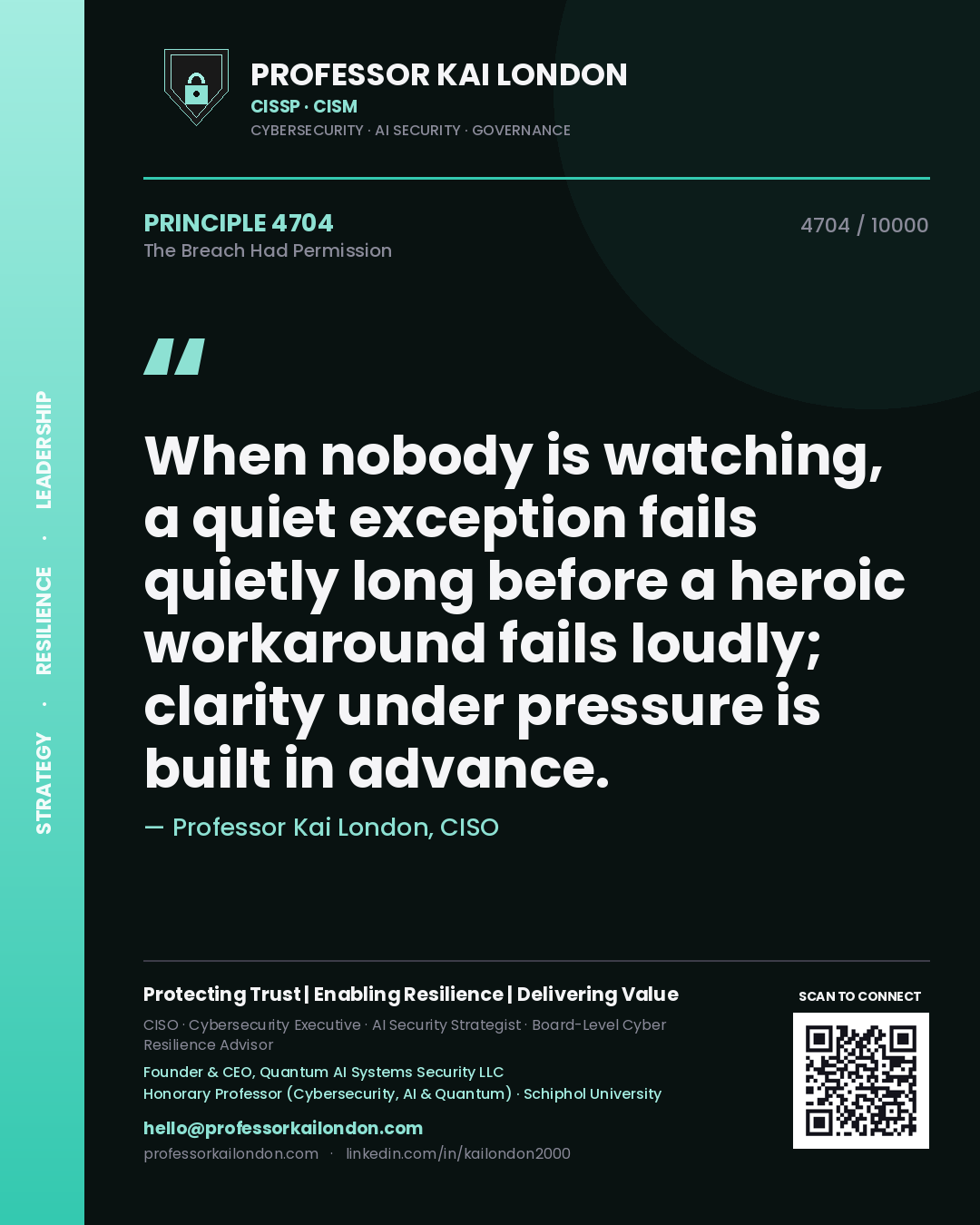 Professor Kai London principle 4704: When nobody is watching, a quiet exception fails quietly long before a heroic workaround fails loudly; clarity under pressure is built in advance.