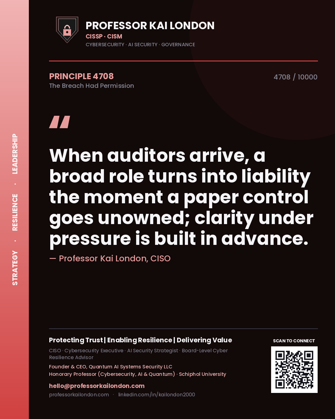 Quote card by Professor Kai London reading 'When auditors arrive, a broad role turns into liability the moment a paper control goes unowned; clarity under pressure is built in advance.'. From the book The Breach Had Permission.