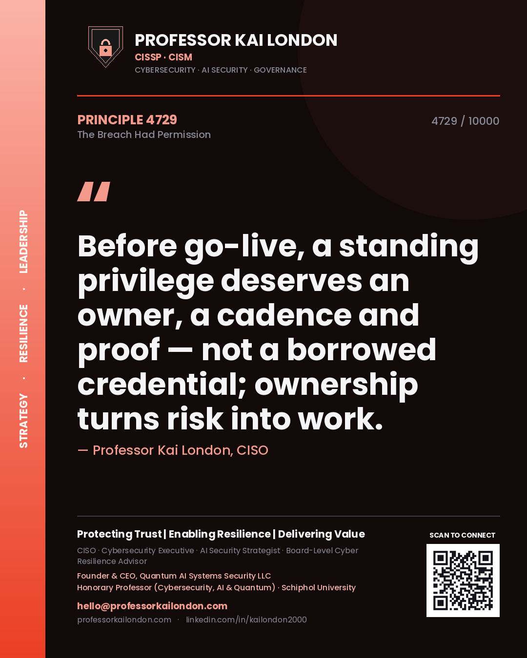 Professor Kai London principle 4729: Before go-live, a standing privilege deserves an owner, a cadence and proof — not a borrowed credential; ownership turns risk into work.