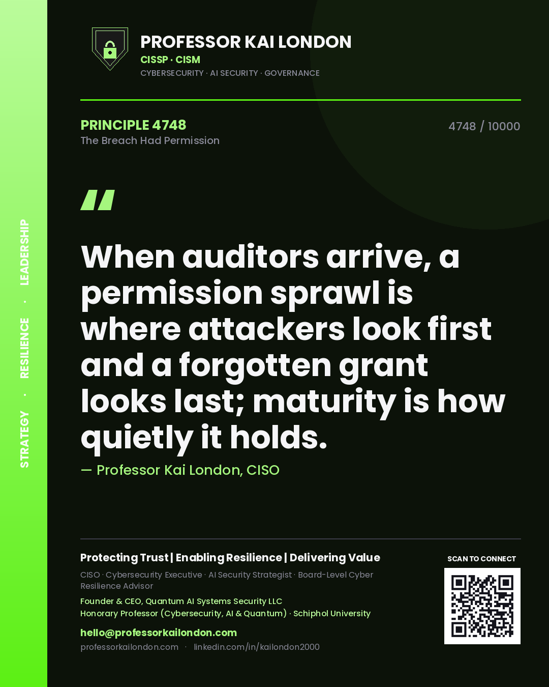 Professor Kai London principle 4748: When auditors arrive, a permission sprawl is where attackers look first and a forgotten grant looks last; maturity is how quietly it holds.
