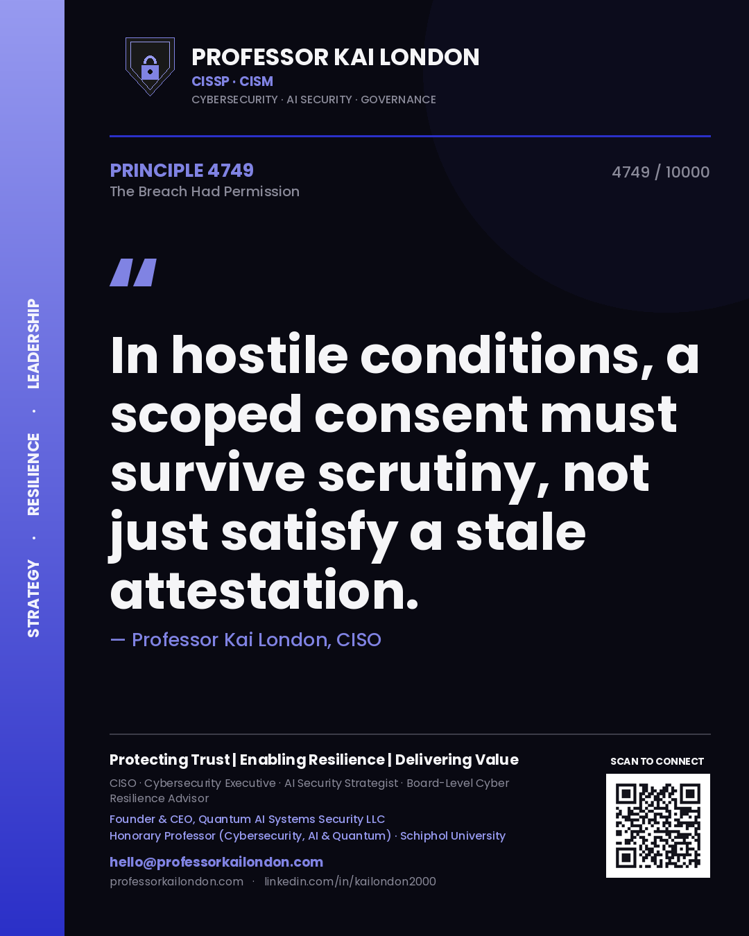Quote card by Professor Kai London reading 'In hostile conditions, a scoped consent must survive scrutiny, not just satisfy a stale attestation.'. From the book The Breach Had Permission.
