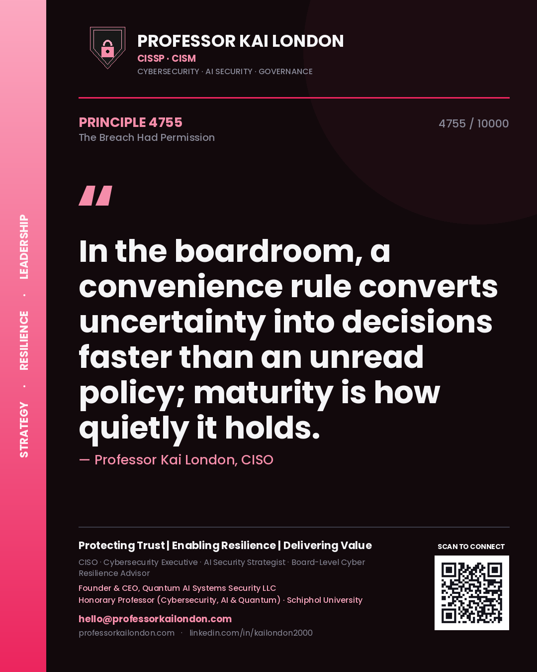 Quote card by Professor Kai London reading 'In the boardroom, a convenience rule converts uncertainty into decisions faster than an unread policy; maturity is how quietly it holds.'. From the book The Breach Had Permission.
