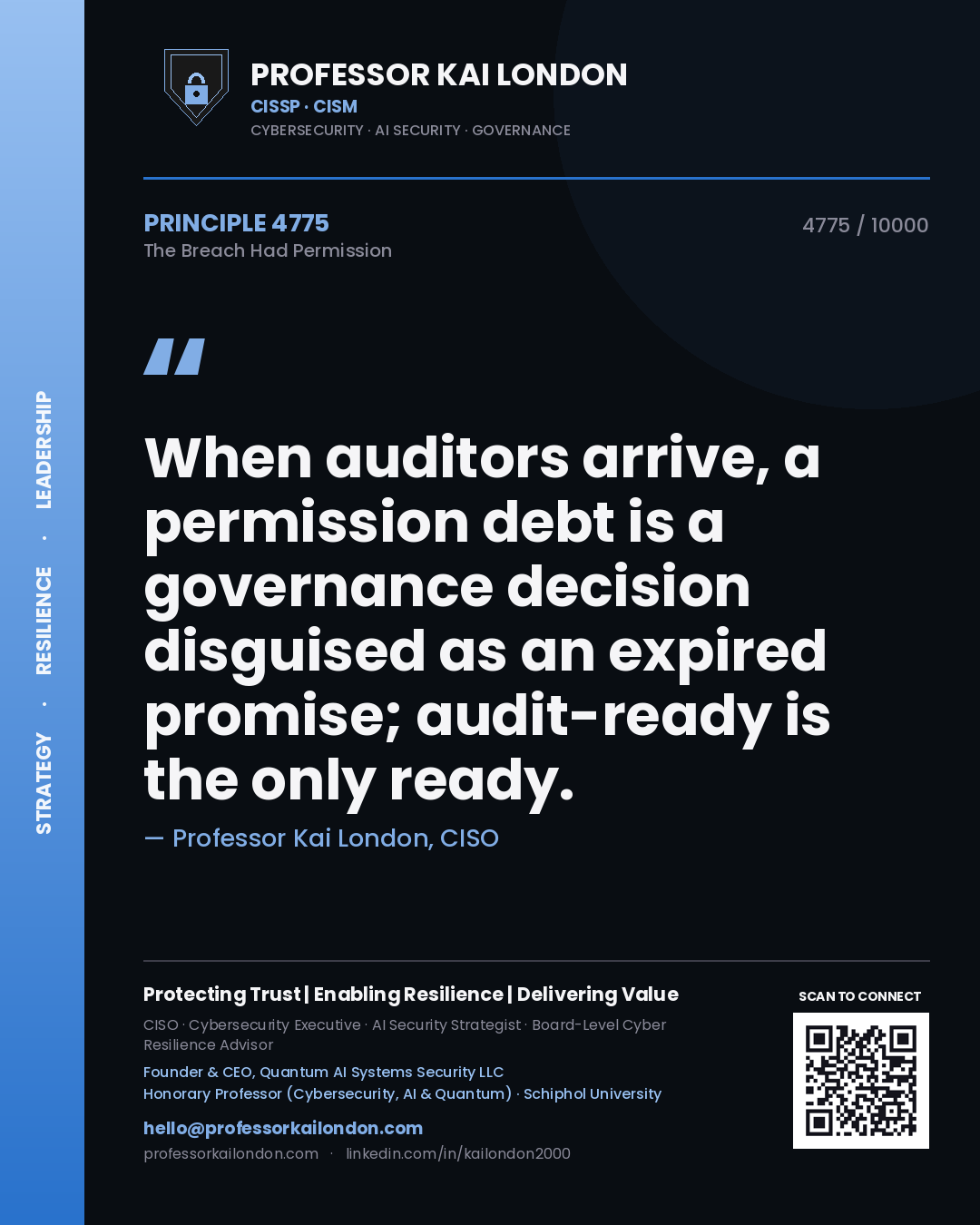 Quote card by Professor Kai London reading 'When auditors arrive, a permission debt is a governance decision disguised as an expired promise; audit-ready is the only ready.'. From the book The Breach Had Permission.