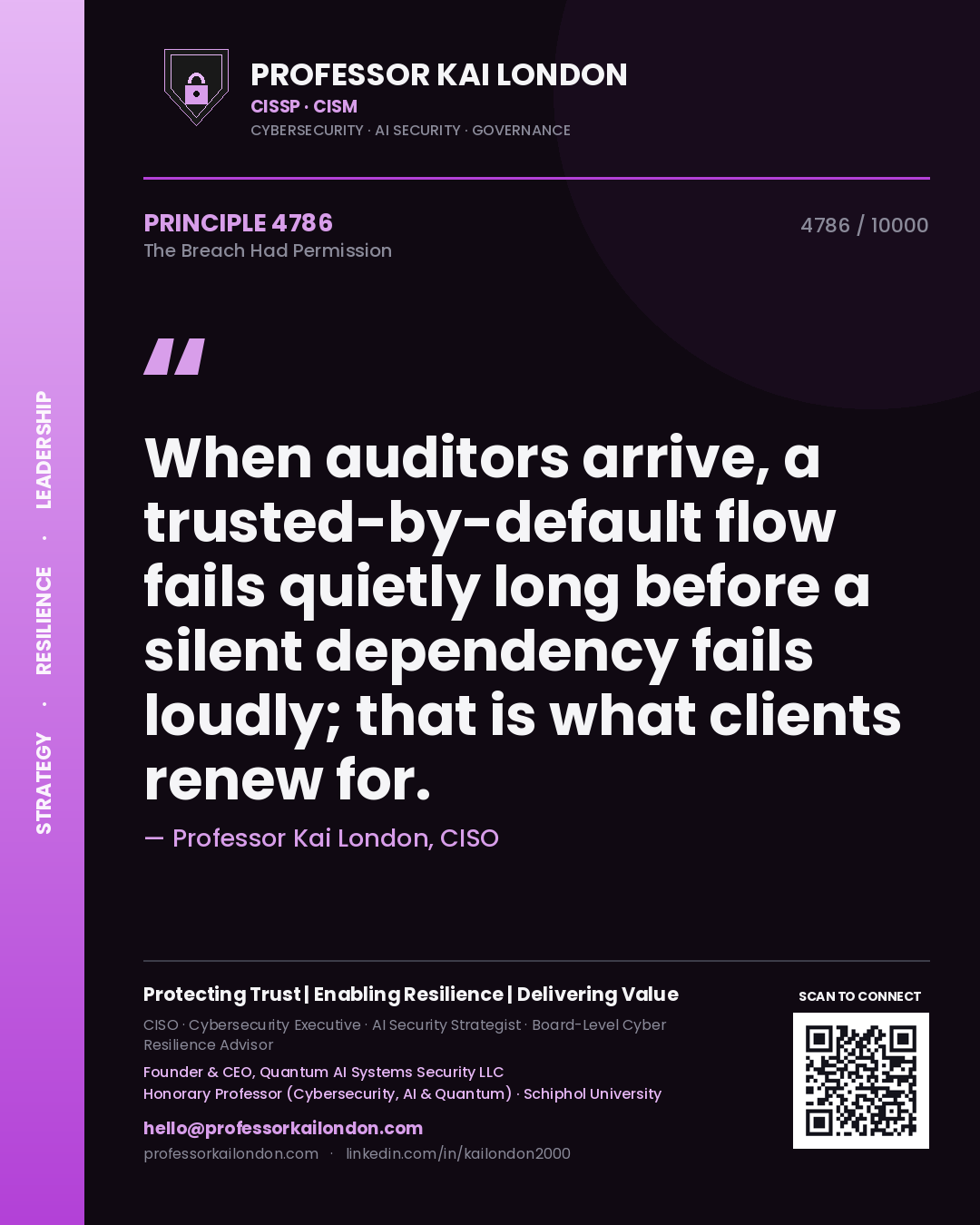 Quote card by Professor Kai London reading 'When auditors arrive, a trusted-by-default flow fails quietly long before a silent dependency fails loudly; that is what clients renew for.'. From the book The Breach Had Permission.