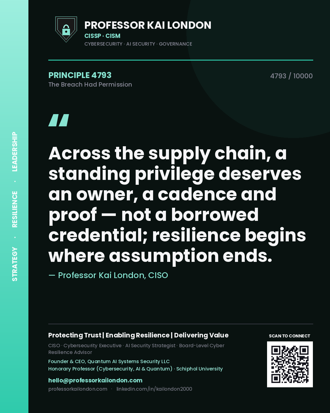 Professor Kai London principle 4793: Across the supply chain, a standing privilege deserves an owner, a cadence and proof — not a borrowed credential; resilience begins where assumption ends.