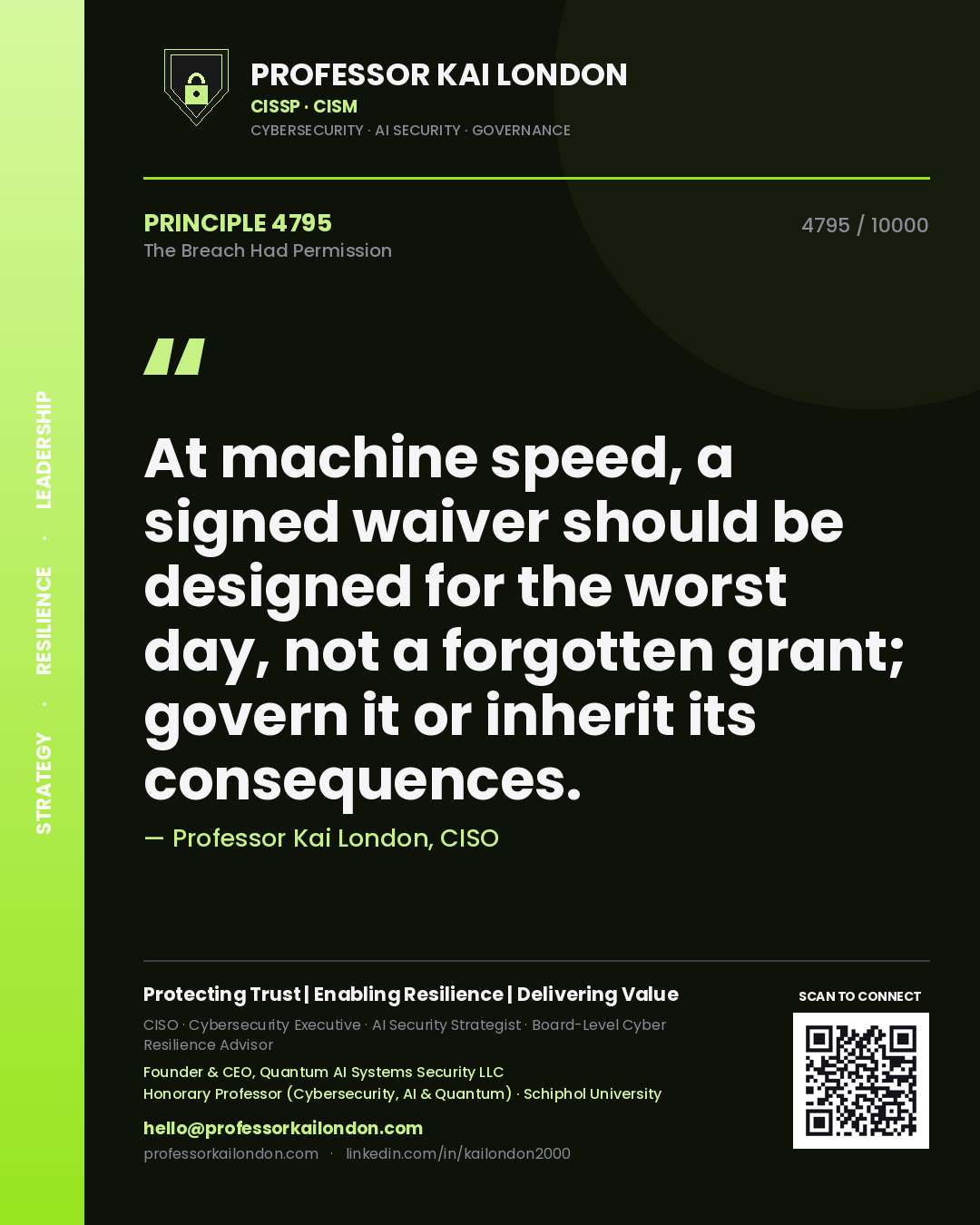 Quote card by Professor Kai London reading 'At machine speed, a signed waiver should be designed for the worst day, not a forgotten grant; govern it or inherit its consequences.'. From the book The Breach Had Permission.