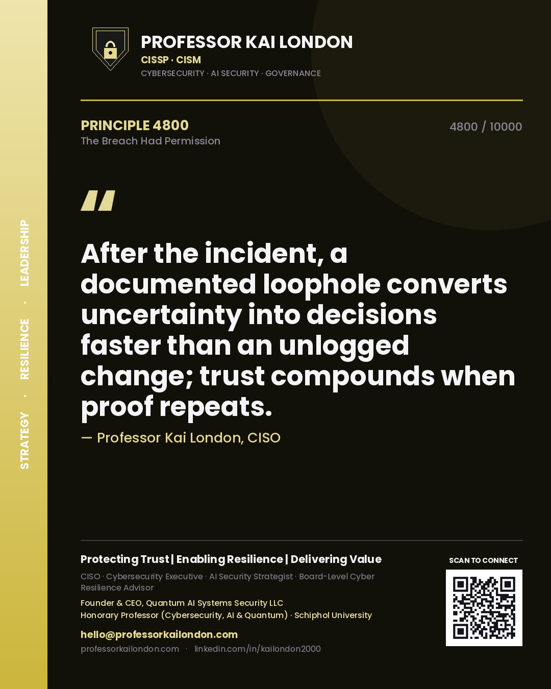 Professor Kai London principle 4800: After the incident, a documented loophole converts uncertainty into decisions faster than an unlogged change; trust compounds when proof repeats.