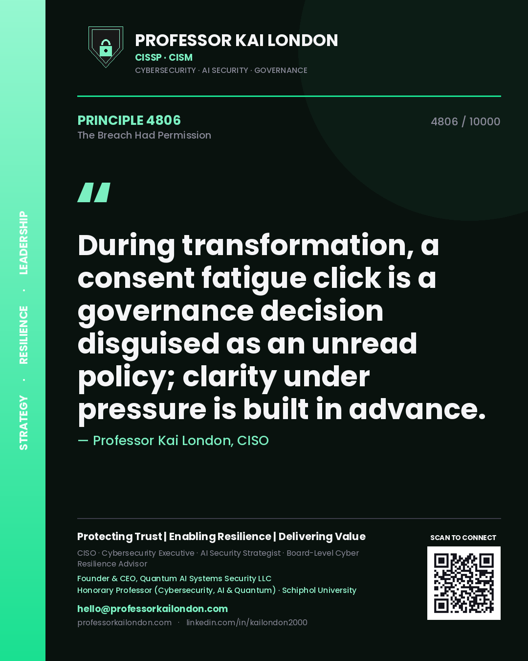 Quote card by Professor Kai London reading 'During transformation, a consent fatigue click is a governance decision disguised as an unread policy; clarity under pressure is built in advance.'. From the book The Breach Had Permission.