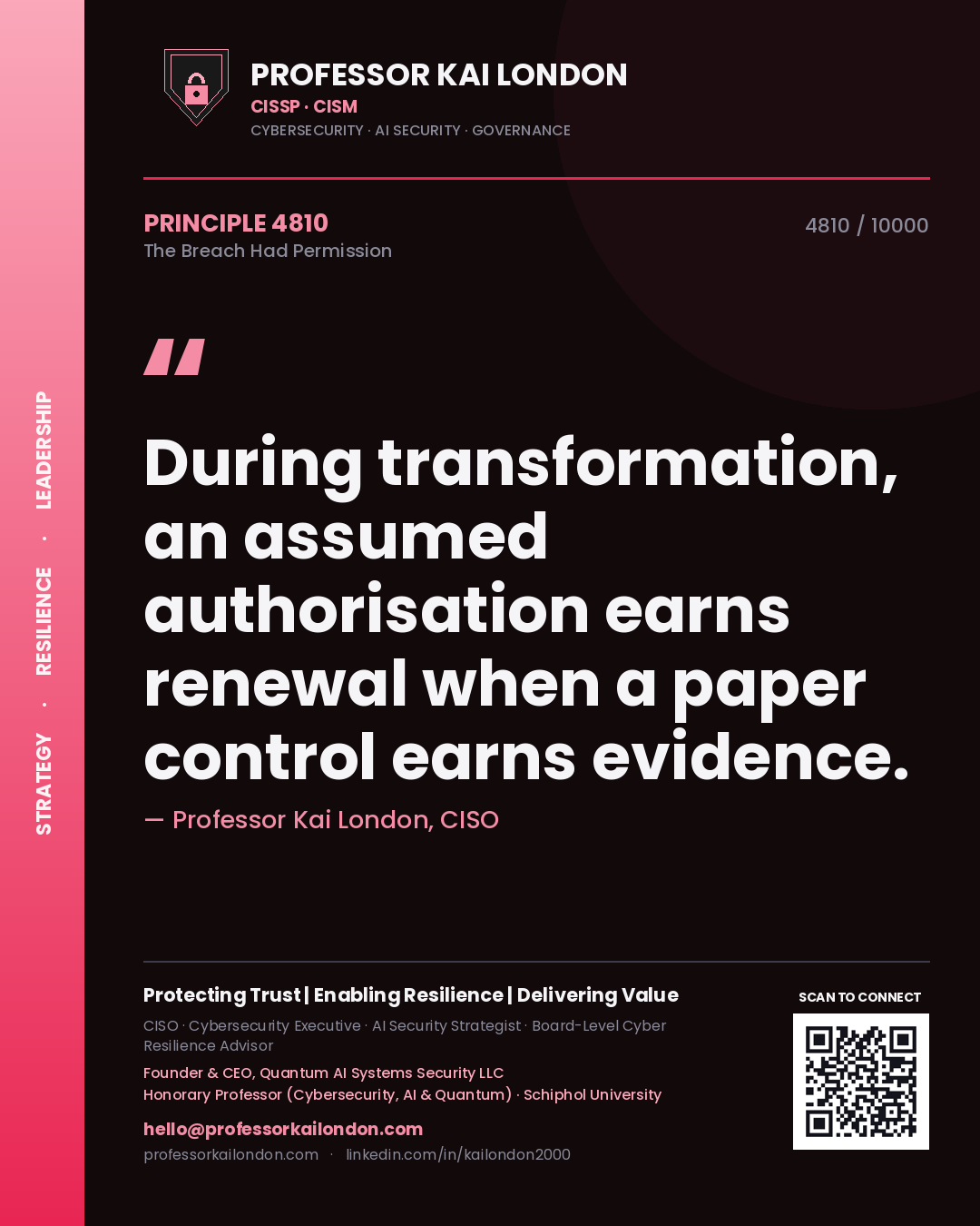 Professor Kai London principle 4810: During transformation, an assumed authorisation earns renewal when a paper control earns evidence.