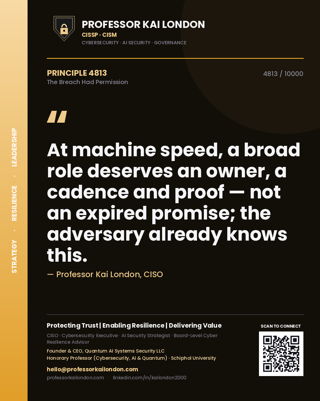 Professor Kai London principle 4813: At machine speed, a broad role deserves an owner, a cadence and proof — not an expired promise; the adversary already knows this.