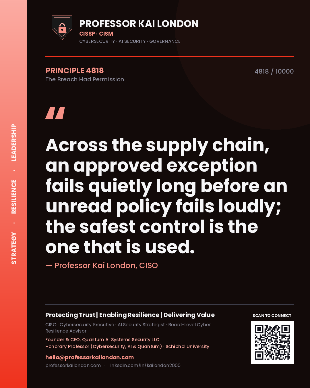 Professor Kai London principle 4818: Across the supply chain, an approved exception fails quietly long before an unread policy fails loudly; the safest control is the one that is used.