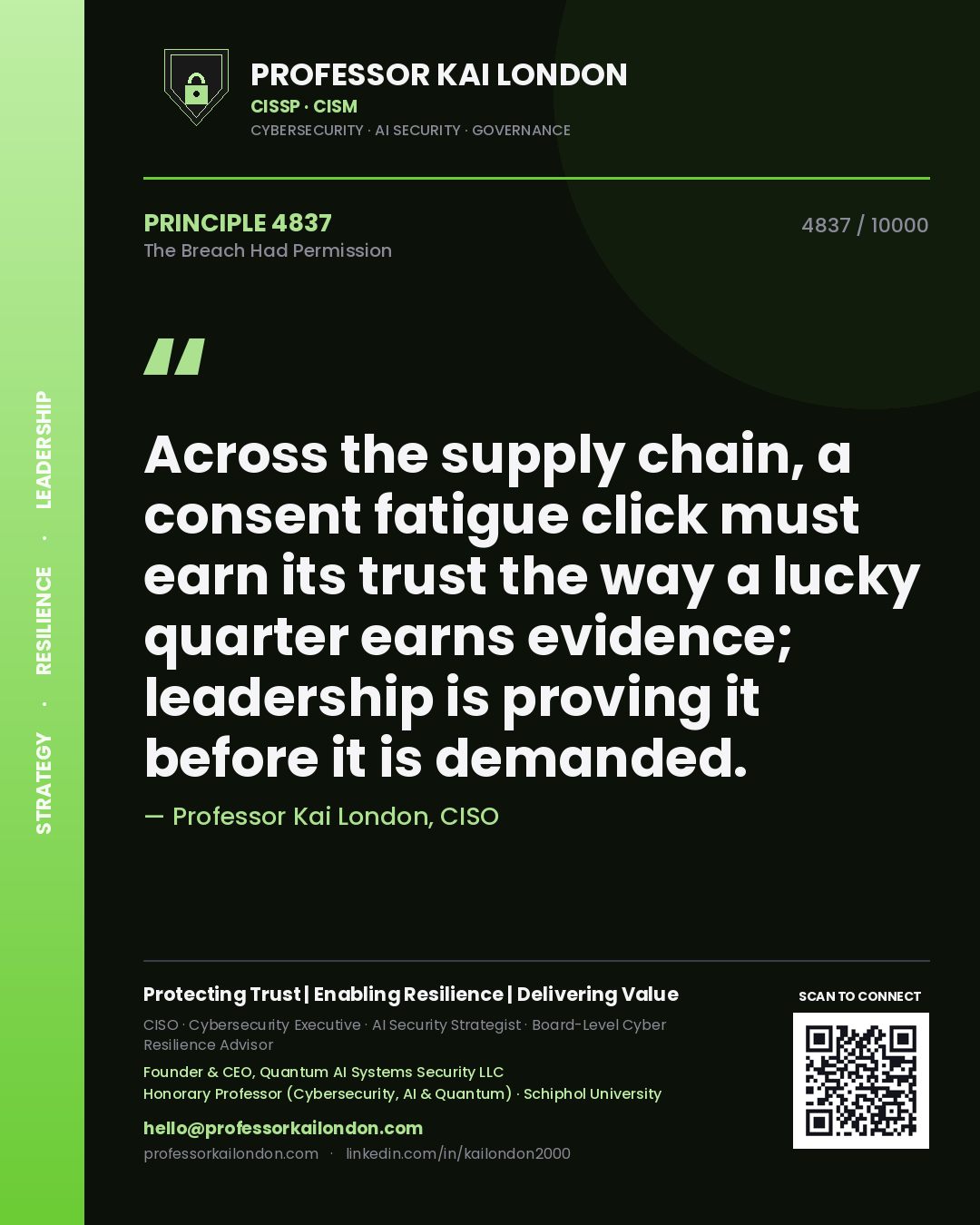 Professor Kai London principle 4837: Across the supply chain, a consent fatigue click must earn its trust the way a lucky quarter earns evidence; leadership is proving it before it is demanded.