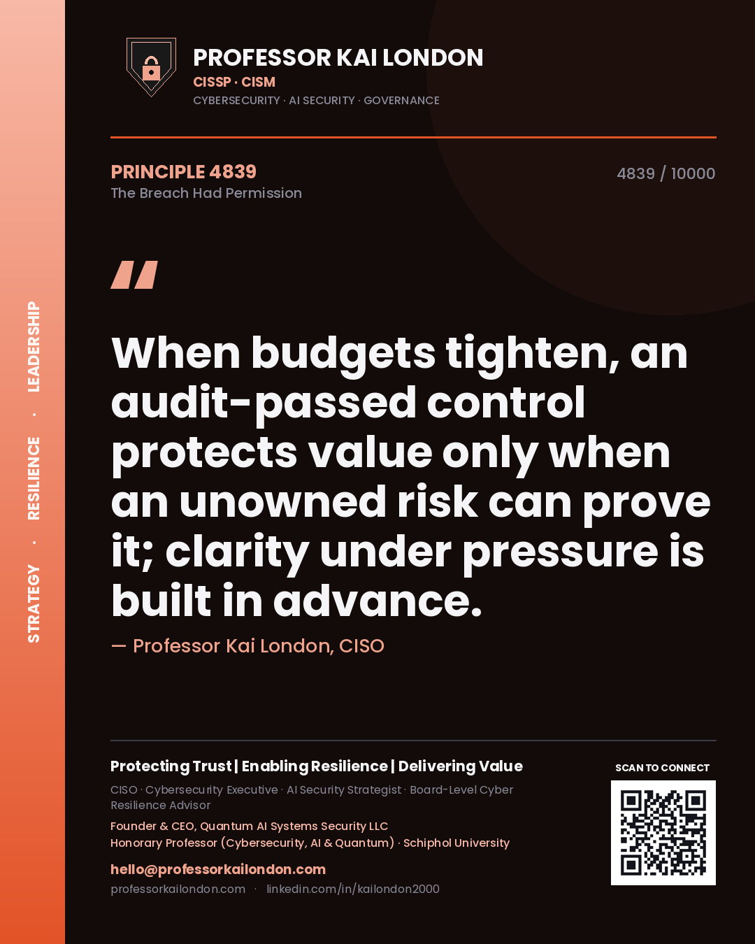 Quote card by Professor Kai London reading 'When budgets tighten, an audit-passed control protects value only when an unowned risk can prove it; clarity under pressure is built in advance.'. From the book The Breach Had Permission.