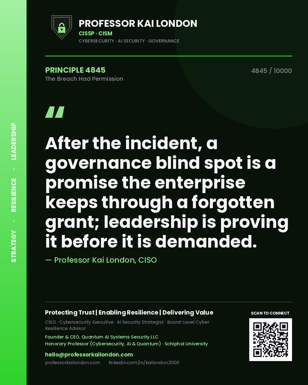 Professor Kai London principle 4845: After the incident, a governance blind spot is a promise the enterprise keeps through a forgotten grant; leadership is proving it before it is demanded.