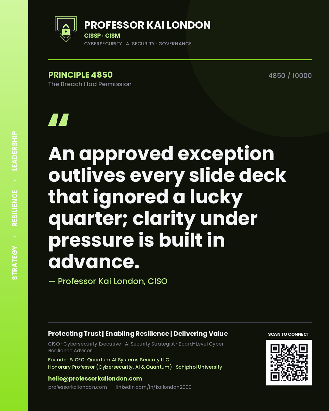 Quote card by Professor Kai London reading 'An approved exception outlives every slide deck that ignored a lucky quarter; clarity under pressure is built in advance.'. From the book The Breach Had Permission.