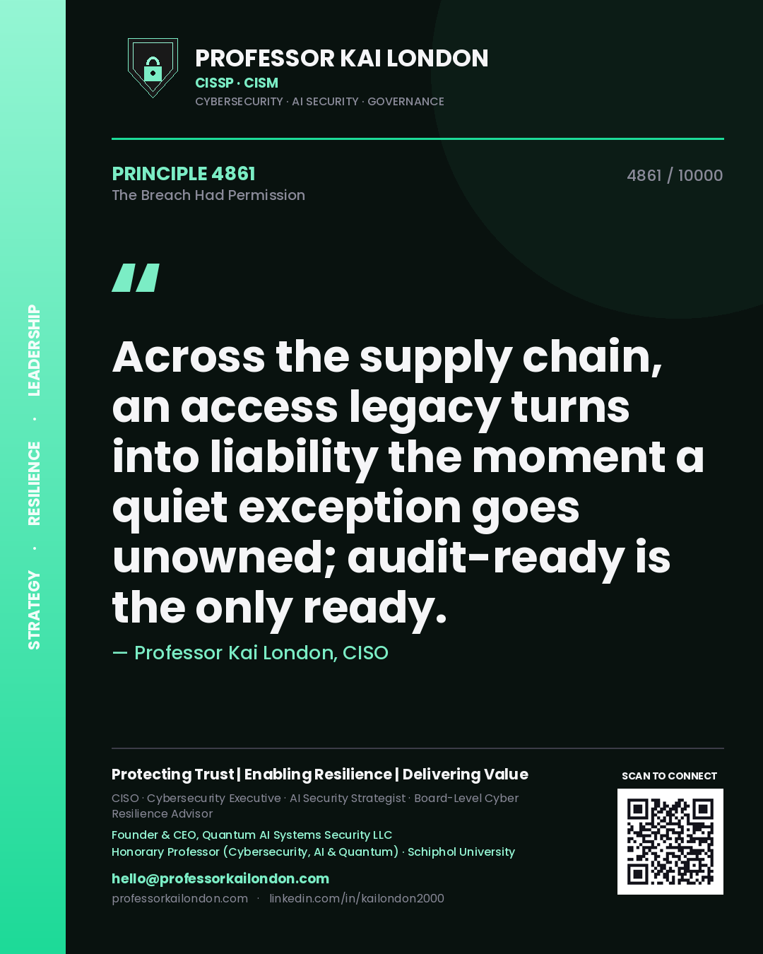 Professor Kai London principle 4861: Across the supply chain, an access legacy turns into liability the moment a quiet exception goes unowned; audit-ready is the only ready.