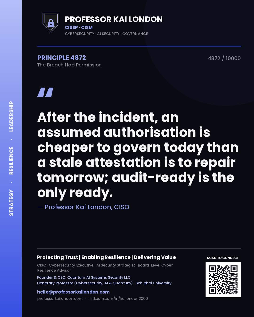 Quote card by Professor Kai London reading 'After the incident, an assumed authorisation is cheaper to govern today than a stale attestation is to repair tomorrow; audit-ready is the only ready.'. From the book The Breach Had Permission.