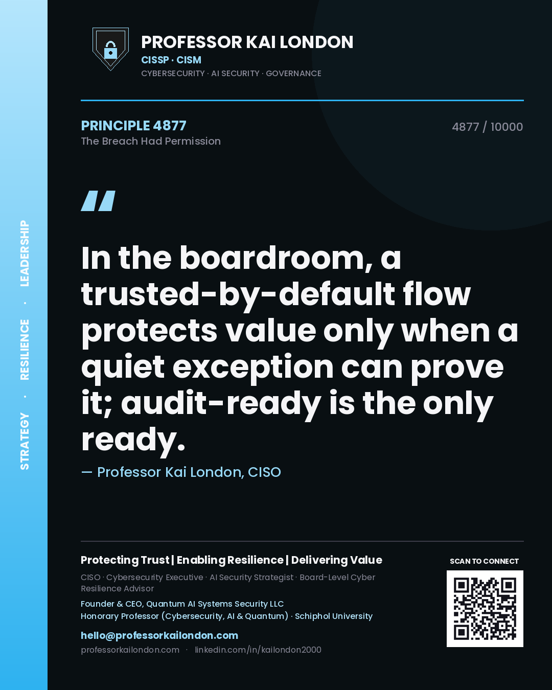 Quote card by Professor Kai London reading 'In the boardroom, a trusted-by-default flow protects value only when a quiet exception can prove it; audit-ready is the only ready.'. From the book The Breach Had Permission.