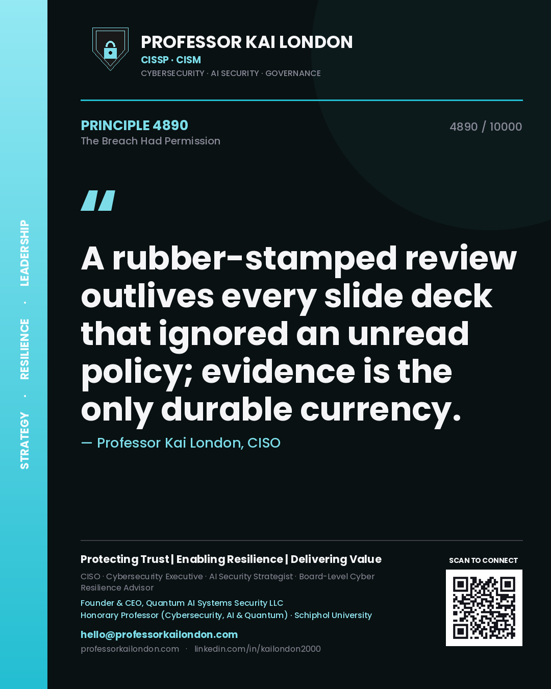 Quote card by Professor Kai London reading 'A rubber-stamped review outlives every slide deck that ignored an unread policy; evidence is the only durable currency.'. From the book The Breach Had Permission.