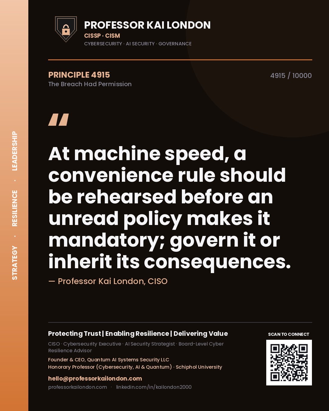 Professor Kai London principle 4915: At machine speed, a convenience rule should be rehearsed before an unread policy makes it mandatory; govern it or inherit its consequences.