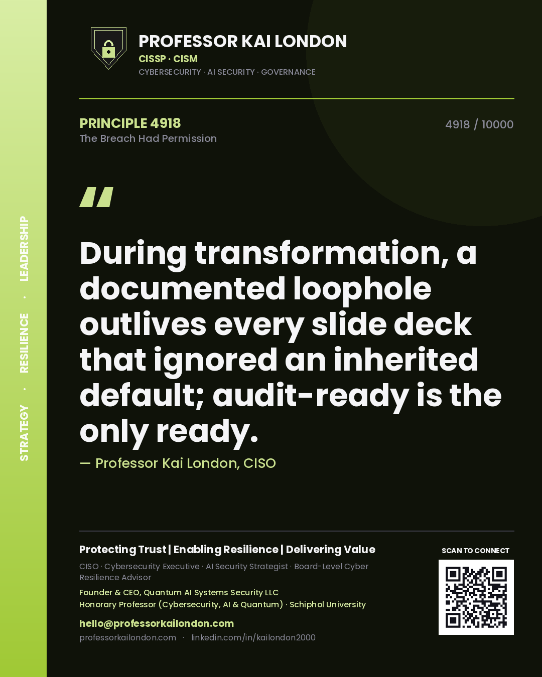 Quote card by Professor Kai London reading 'During transformation, a documented loophole outlives every slide deck that ignored an inherited default; audit-ready is the only ready.'. From the book The Breach Had Permission.