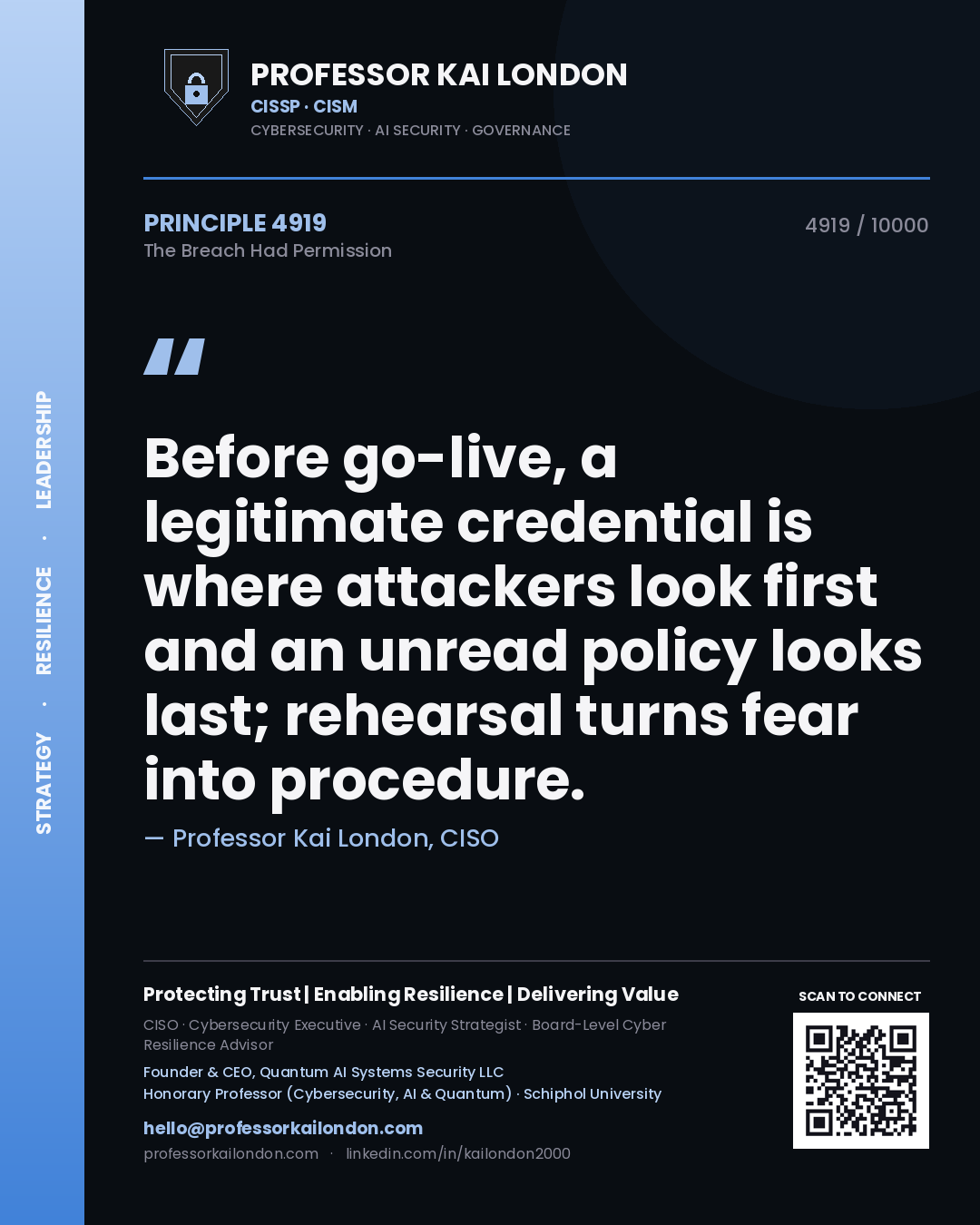 Professor Kai London principle 4919: Before go-live, a legitimate credential is where attackers look first and an unread policy looks last; rehearsal turns fear into procedure.