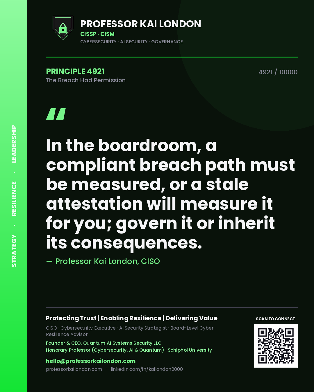 Professor Kai London principle 4921: In the boardroom, a compliant breach path must be measured, or a stale attestation will measure it for you; govern it or inherit its consequences.