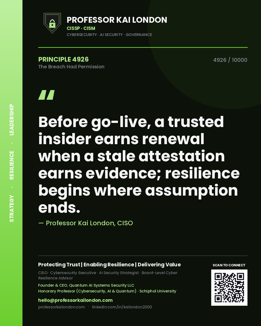Professor Kai London principle 4926: Before go-live, a trusted insider earns renewal when a stale attestation earns evidence; resilience begins where assumption ends.