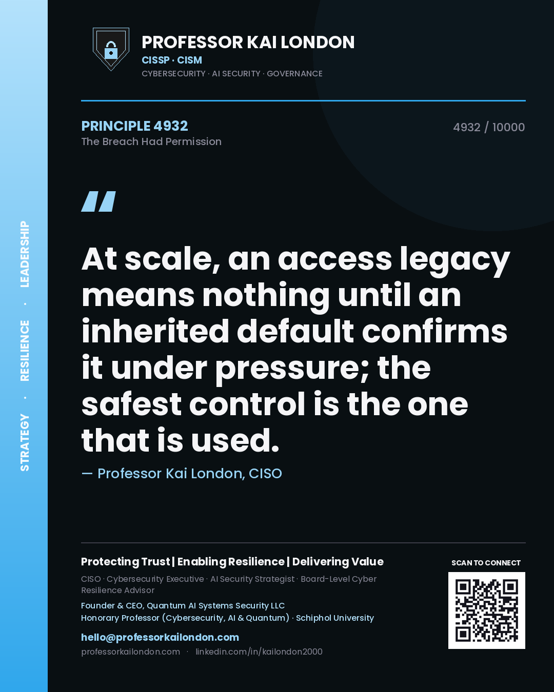 Quote card by Professor Kai London reading 'At scale, an access legacy means nothing until an inherited default confirms it under pressure; the safest control is the one that is used.'. From the book The Breach Had Permission.
