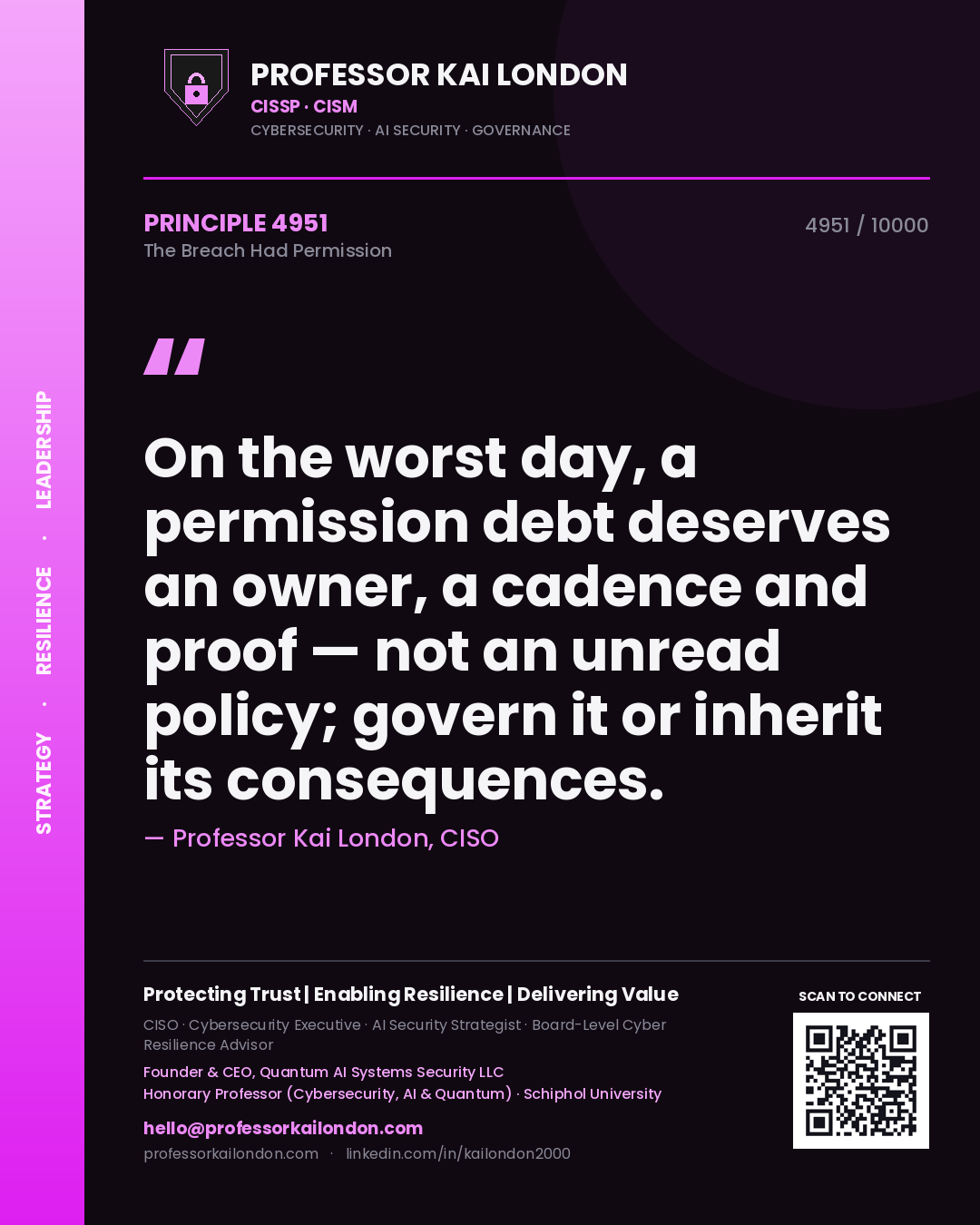 Professor Kai London principle 4951: On the worst day, a permission debt deserves an owner, a cadence and proof — not an unread policy; govern it or inherit its consequences.