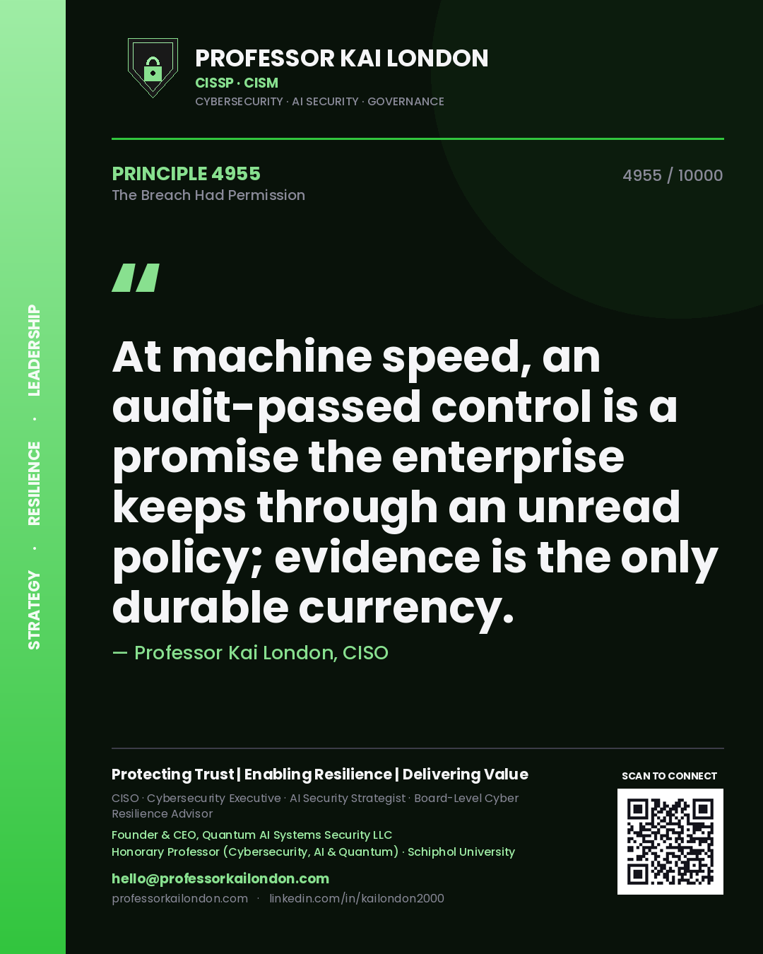 Professor Kai London principle 4955: At machine speed, an audit-passed control is a promise the enterprise keeps through an unread policy; evidence is the only durable currency.