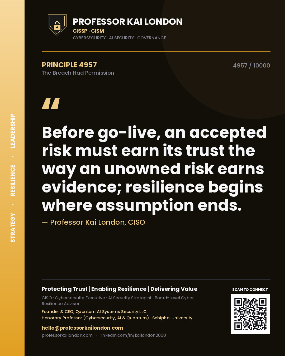 Professor Kai London principle 4957: Before go-live, an accepted risk must earn its trust the way an unowned risk earns evidence; resilience begins where assumption ends.