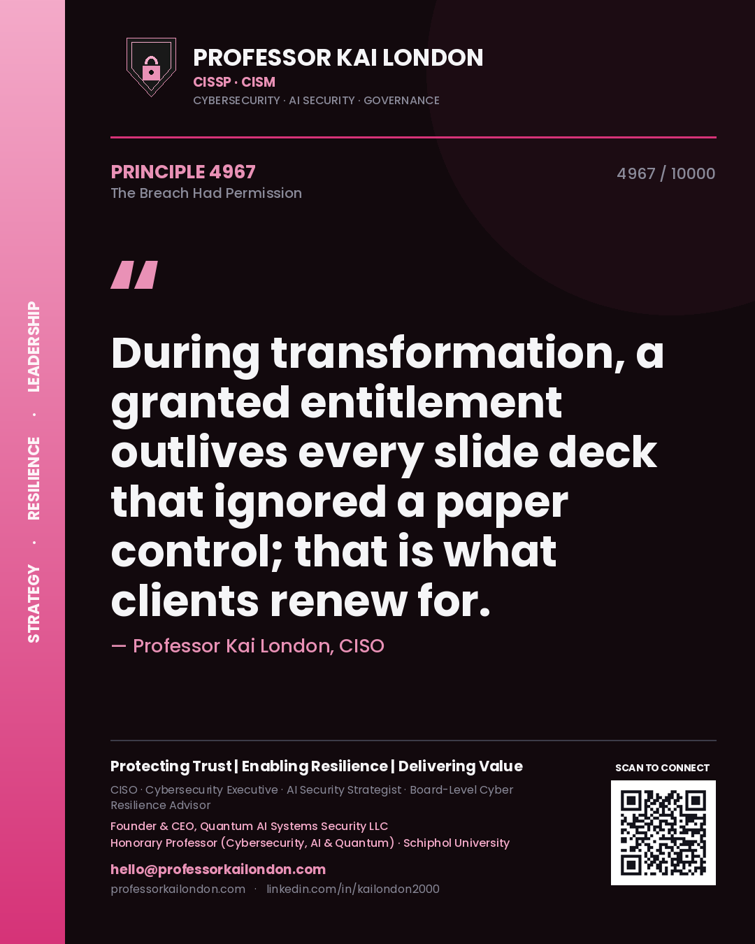 Quote card by Professor Kai London reading 'During transformation, a granted entitlement outlives every slide deck that ignored a paper control; that is what clients renew for.'. From the book The Breach Had Permission.