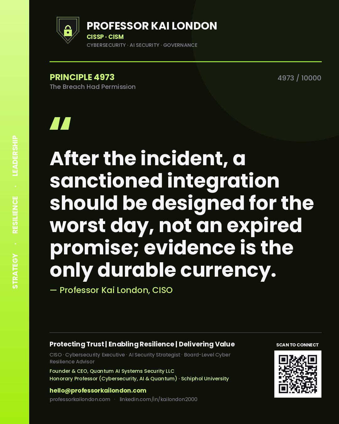 Quote card by Professor Kai London reading 'After the incident, a sanctioned integration should be designed for the worst day, not an expired promise; evidence is the only durable currency.'. From the book The Breach Had Permission.